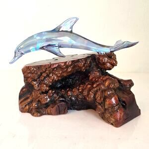 Vintage Sculpture Blue Glass Dolphin Burlwood Mount Iridescent Nature Ocean Art
